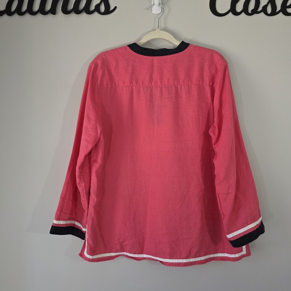 Talbots 100% Linen Long Sleeve Tunic Top Blouse Shirt Pink Navy Women's Large - Picture 7 of 9